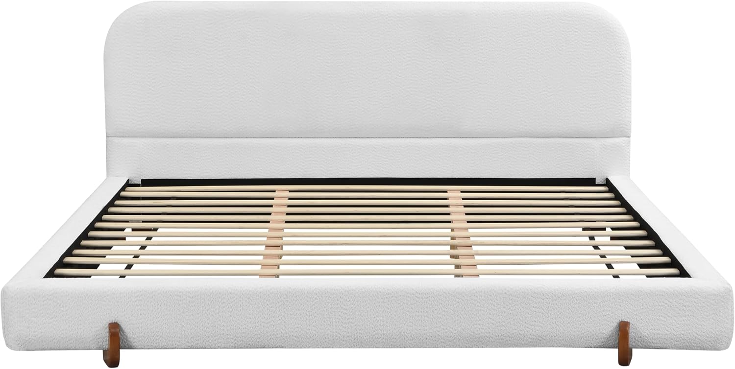 Merax King Size Chenille Solid Wood Upholstered Bed Frame, 4-inch Thick Double-Sided, Soft & Skin-Friendly Elegant Platform Bed for Bedroom Small Spaces, White