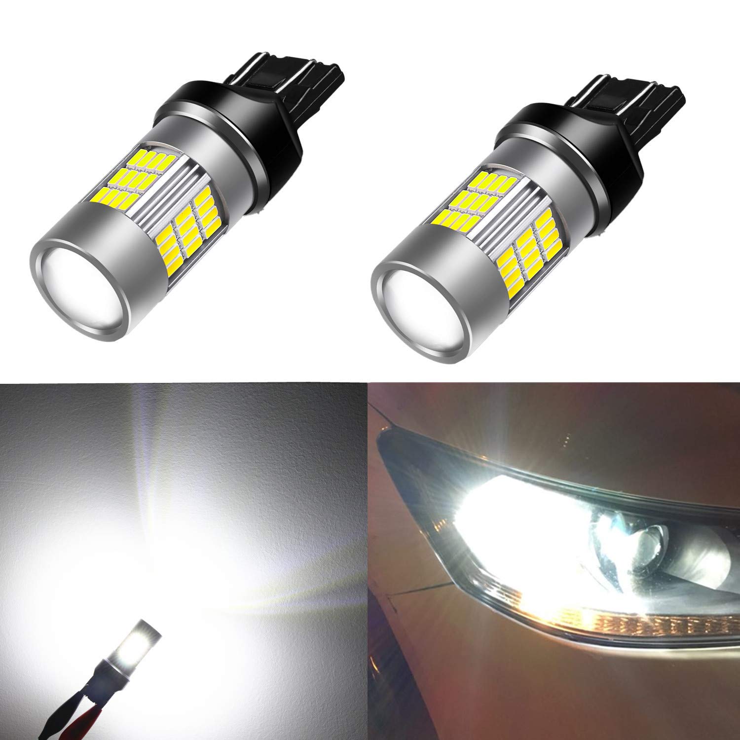 Alla LightingSuper Bright 4014 54-SMD 7443 7440 T20 W21W LED Bulb 6000K Xenon White LED Lights Bulbs for Back-up Reverse Light Replacement