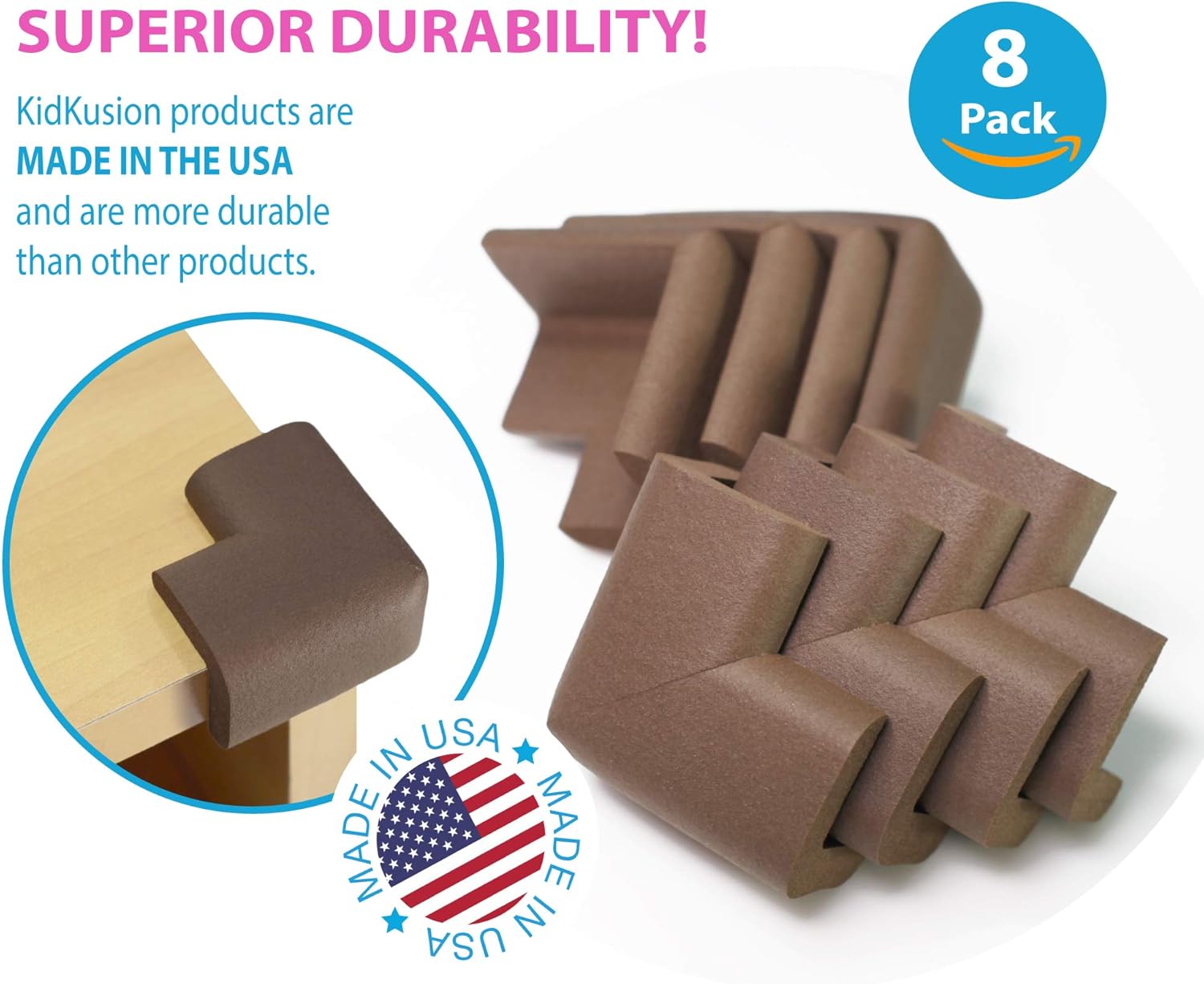 Kidkusion Table Cushion | Made in USA | 20 Foot Edge + 8 Corners | Brown | Baby Proof Furniture Edge and Corner Guards