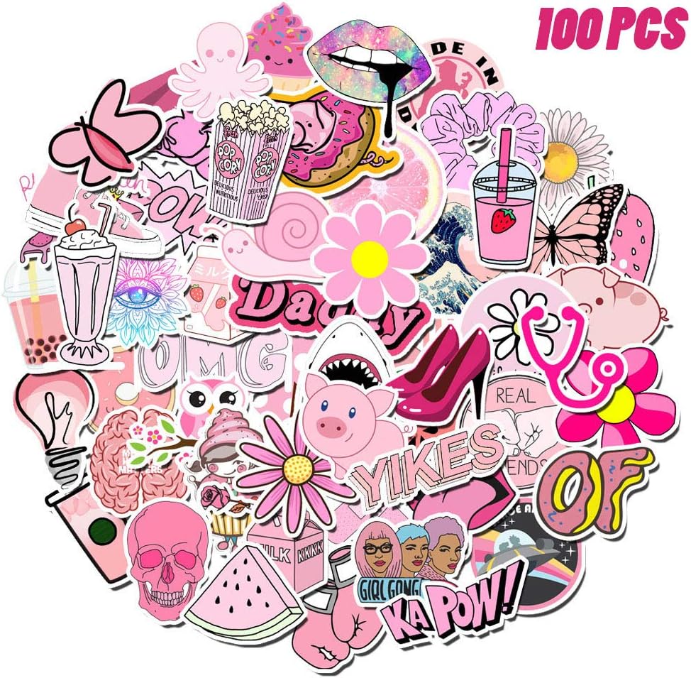 DYNOSON 100 Pcs VSCO Stickers Water Bottles Pink Cute Theme Waterproof Aesthetic Trendy Vsco Vinyl Stickers Decals for Laptops, Computers, Hydro Flasks - Suitable for Teens Kids Girls and Boys