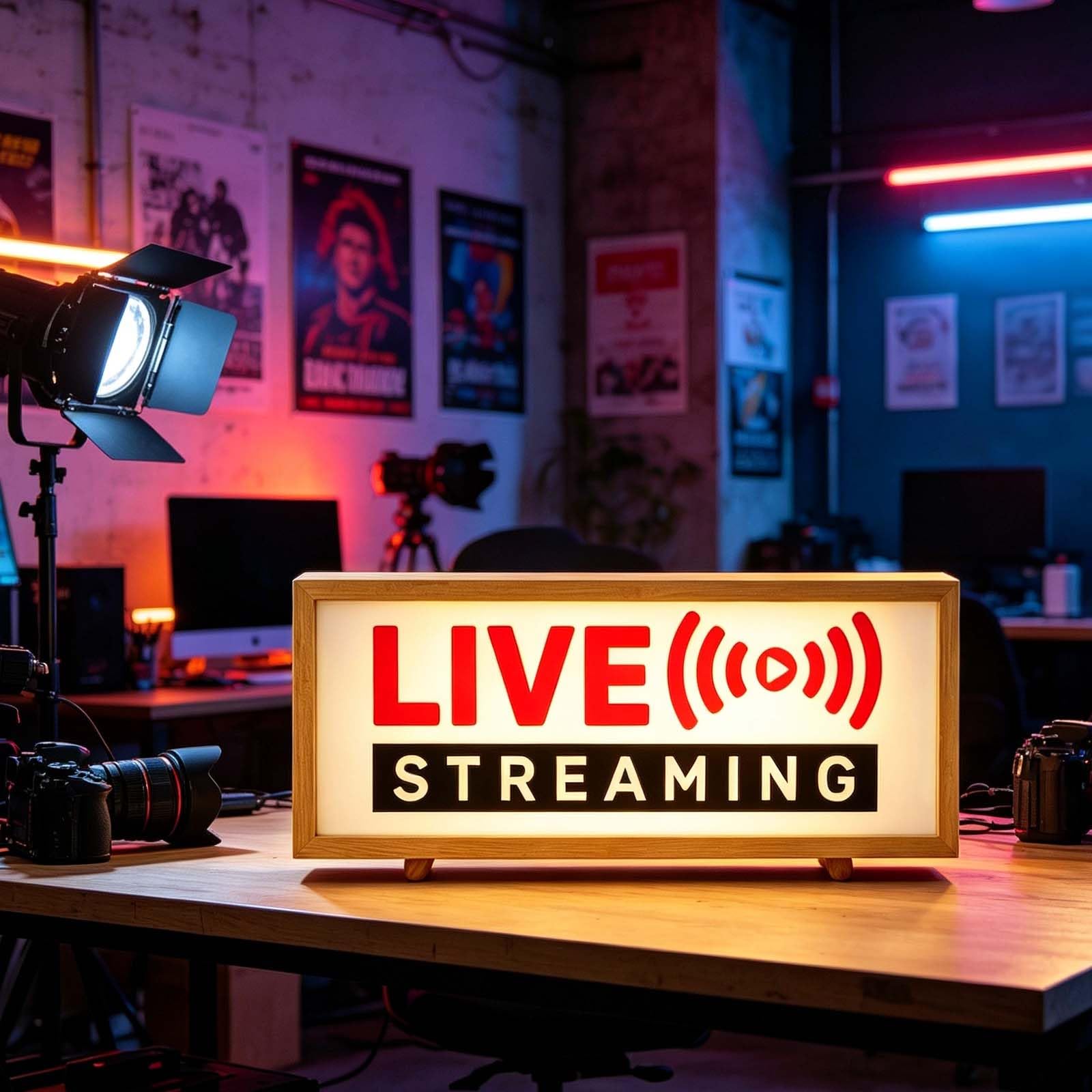 wpdash Live Stream Neon Sign Retro Wood Frame LED Live Light Sign USB Powered Dimmable Neon Wall Light for Streaming Room Video Conference Game Room Desk & Wall Decor