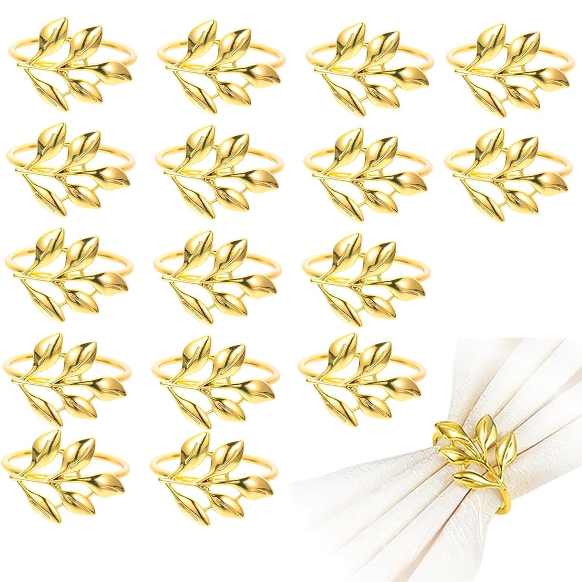 Uqingo 16PCS Gold Napkin Rings Metal Leaf Napkin Holder, Serviette Ring Holder Buckles Set for Table Decor, Wedding, Party Dinner Banquet, Valentine Day Thanksgiving Christmas Anniversary (One Size)