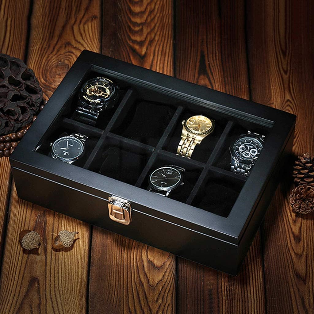 Caja de reloj grande – 8 ranuras para relojes, organizador de joyas de lujo, caja de almacenamiento de madera con hebilla de metal con cerradura superior de cristal para hombres y mujeres