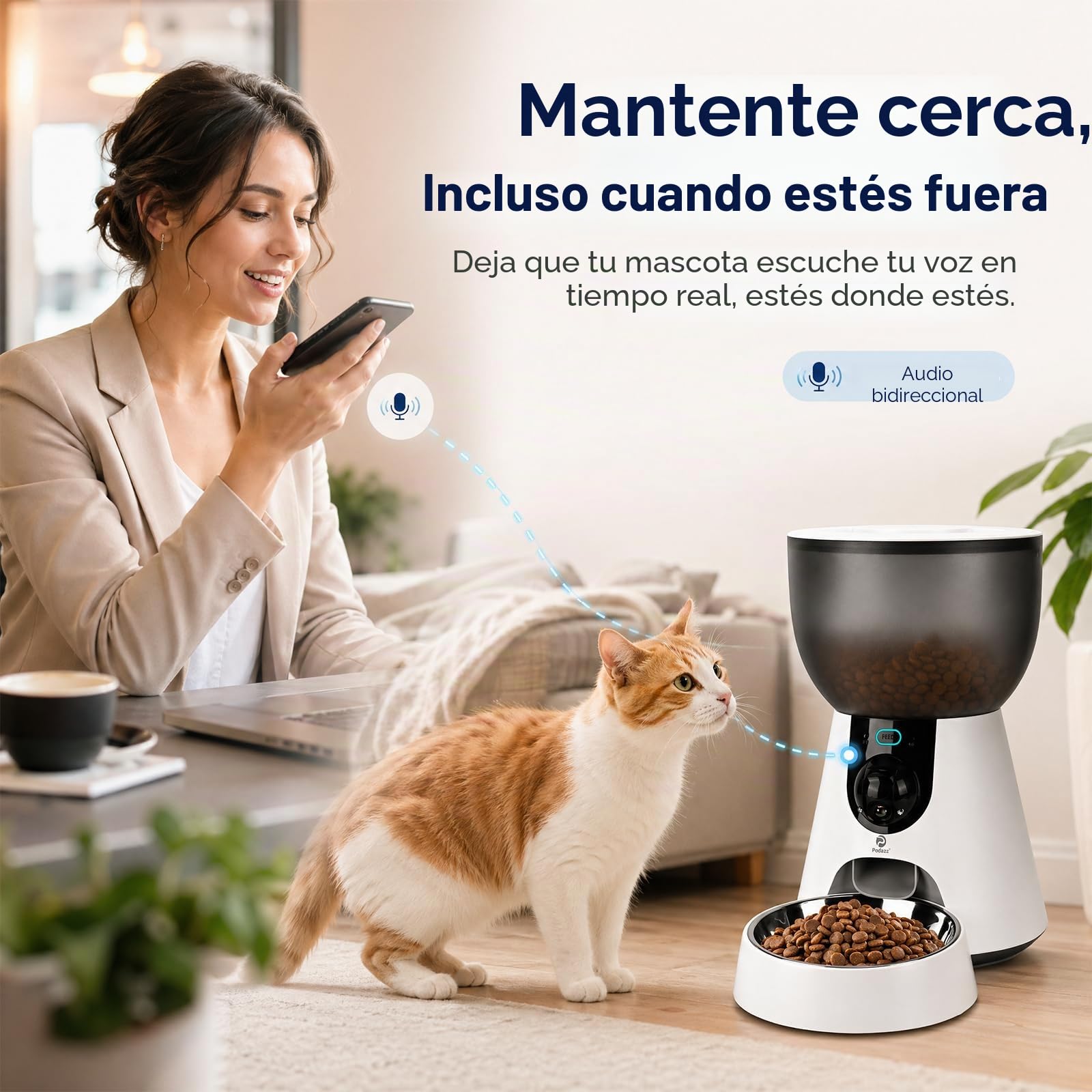 Podazz Comedero Gato Automático con Cámara 1080P, WiFi 5G/2.4G, Dispensador de Comida para Gatos y Perros 4L con App, Visión Nocturna, Audio Bidireccional, 10 Comidas al Día, Detección de Movimiento