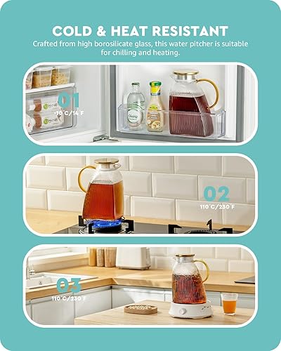 Miniatura 6 de Baffect Jarra de agua, jarra de vidrio de borosilicato con tapa de acero inoxidable, a prueba de fugas, jarra para puerta de refrigerador para