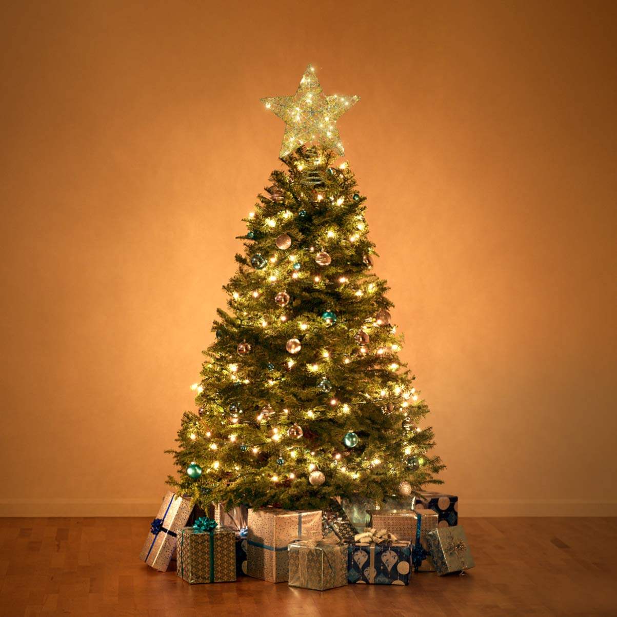 1pc Christmas Tree Topper Star Ornaments Glittering Golden Festival Display Lighted Clear Decor