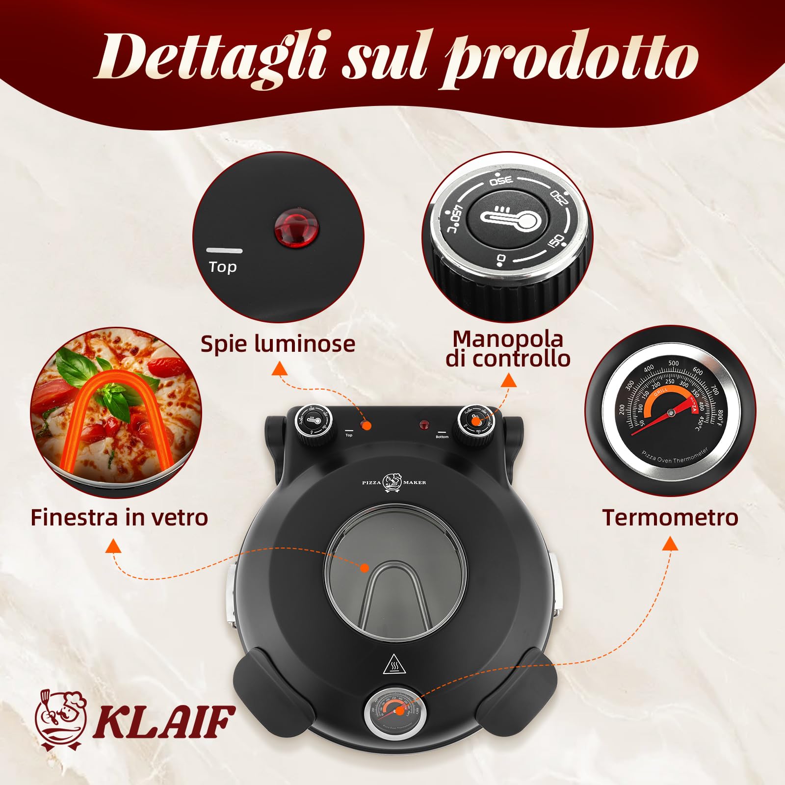 KLAIF Forno elettrico per pizza da banco con pietra in ceramica da 31 cm, due controlli di temperatura regolabili e 4 utensili per pizza LMR-nero