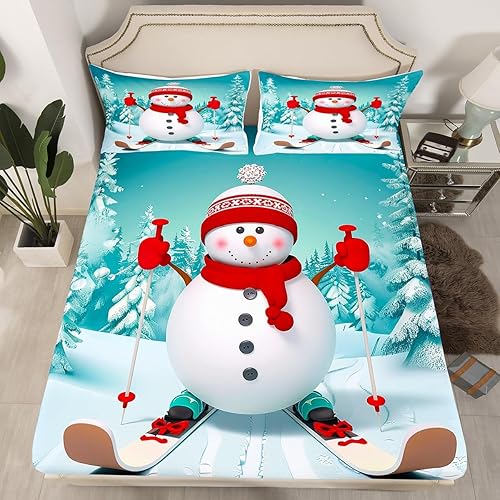 Vista 57 de Erosebridal Sábanas de muñeco de nieve tamaño matrimonial, juego de sábanas de esquí kawaii para árbol de Navidad, sábana bajera ajustable