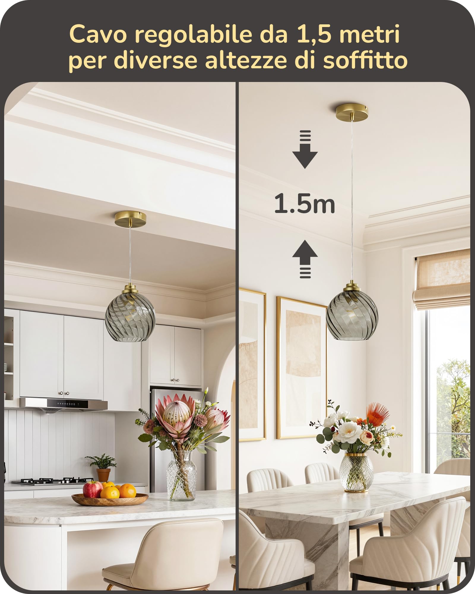 EDISHINE Lampada Sospensione Vetro Ondulato, Grigio Fumo, Regolabile 1,5 m