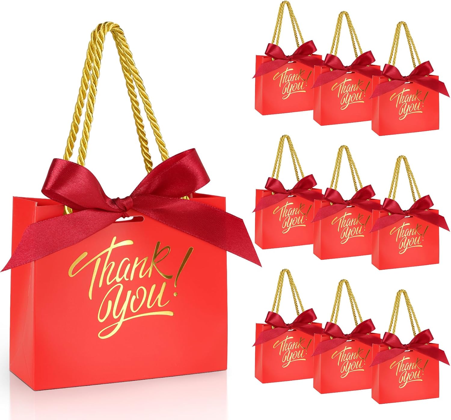 EQOREIIN 30 Pack Small Thank You Gift Bags with Handles 5.5 x 2.4 x 4.7 Inches Mini Red Gift Bags with Bow Ribbon Tiny Party Favor Bag Bulk for Easter Mother's Day Baby Shower Wedding (Red)