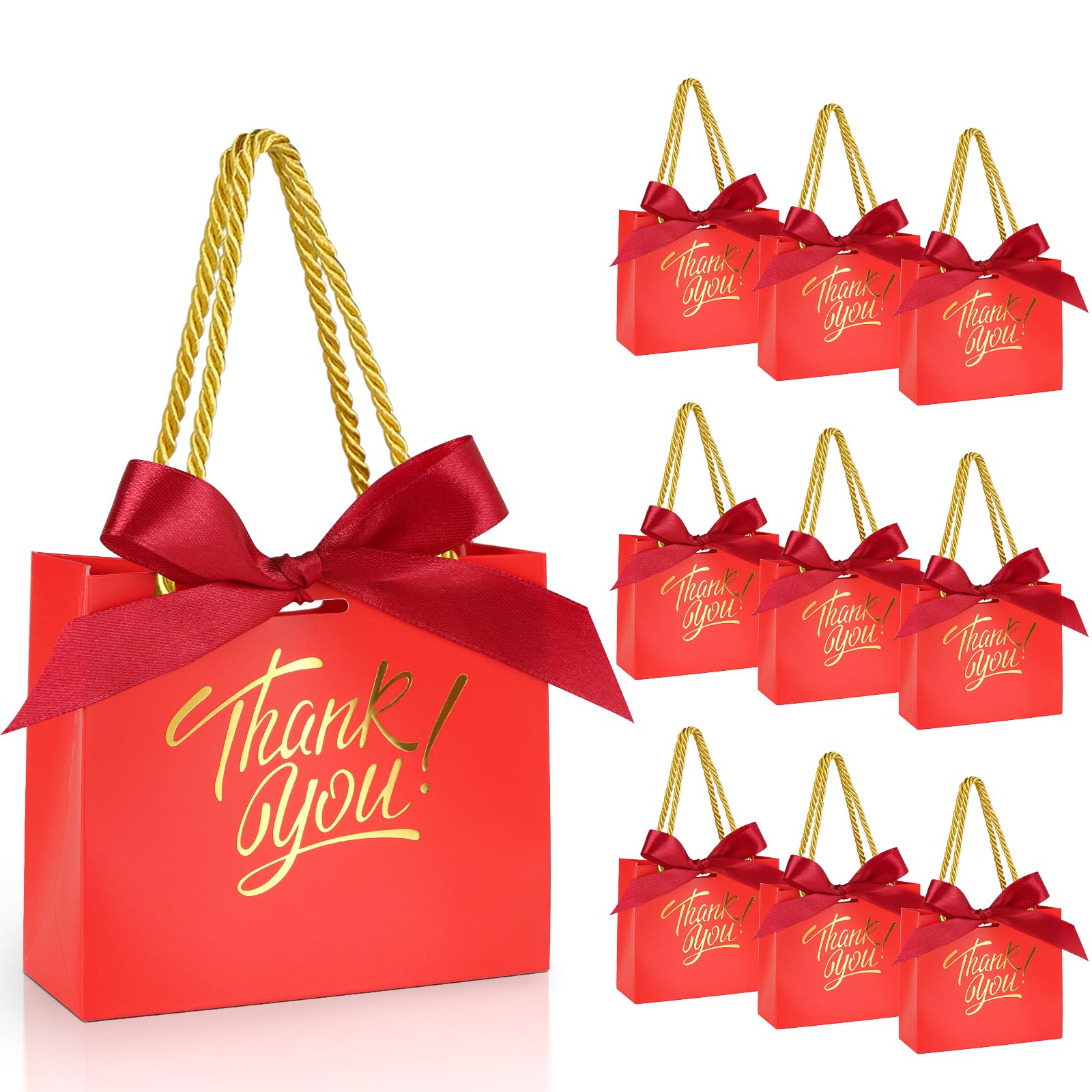 EQOREIIN 30 Pack Small Thank You Gift Bags with Handles 5.5 x 2.4 x 4.7 Inches Mini Red Gift Bags with Bow Ribbon Tiny Party Favor Bag Bulk for Easter Mother's Day Baby Shower Wedding (Red) — image 1