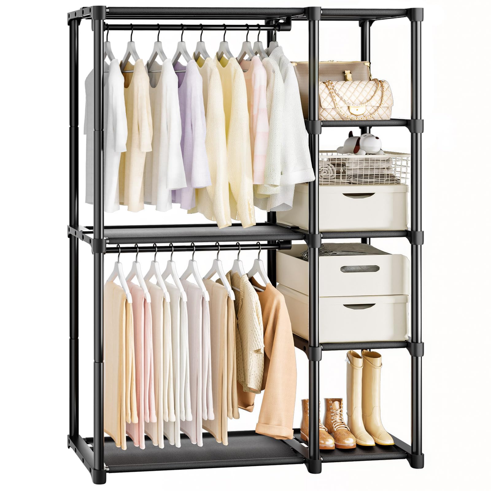 Mavivegue 4-Tier Portable Closet with Shelves Hanging Rod - Portable Wardrobe Closet for Bedroom Closet Dorm - Easy