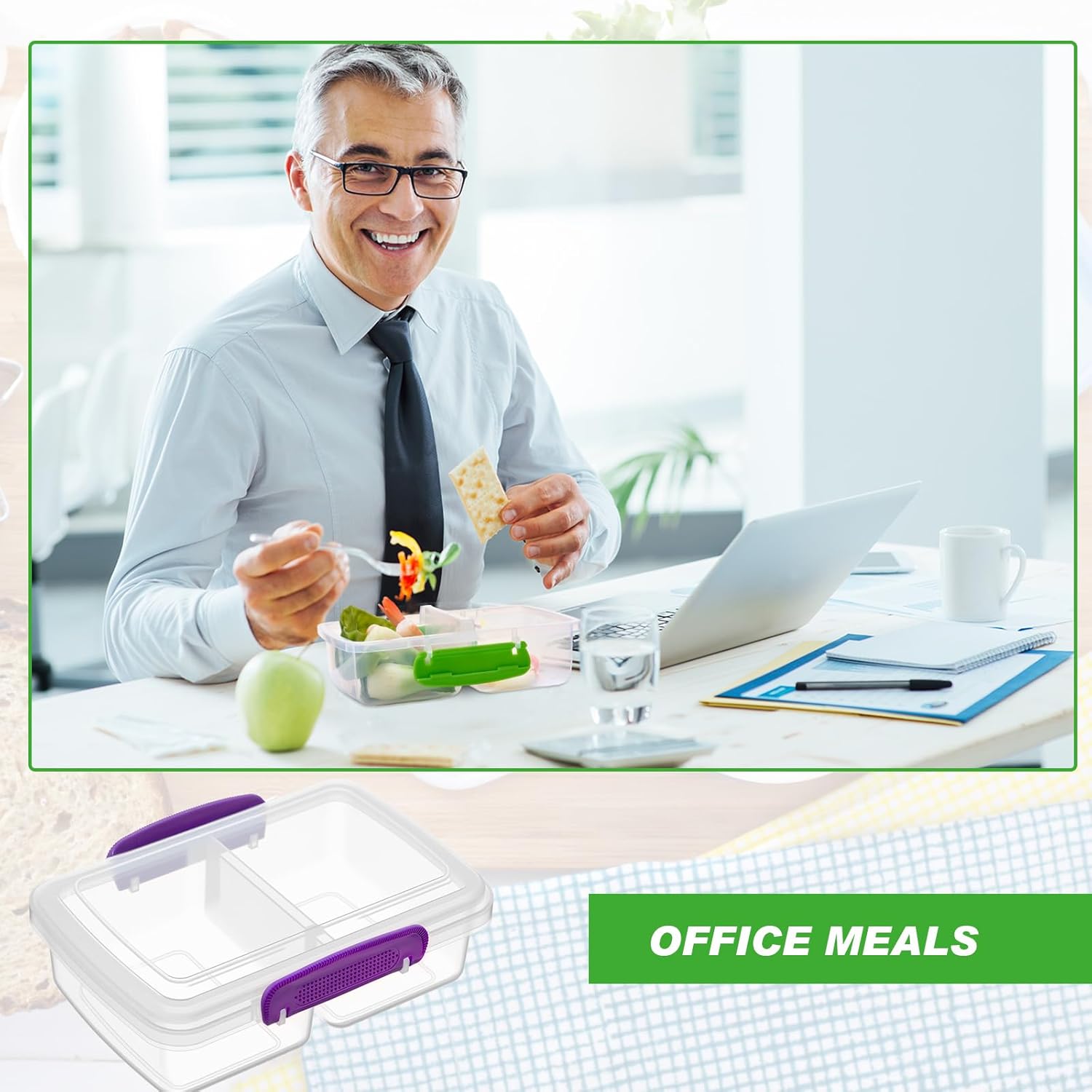 FoldTier 8 Pack Snack Containers with Lids, 2 Compartment Food Containers, Stackable Bento Box for Lunch & Meal Prep, Leakproof Food-grade Plastic Food Storage, 4 Colors
