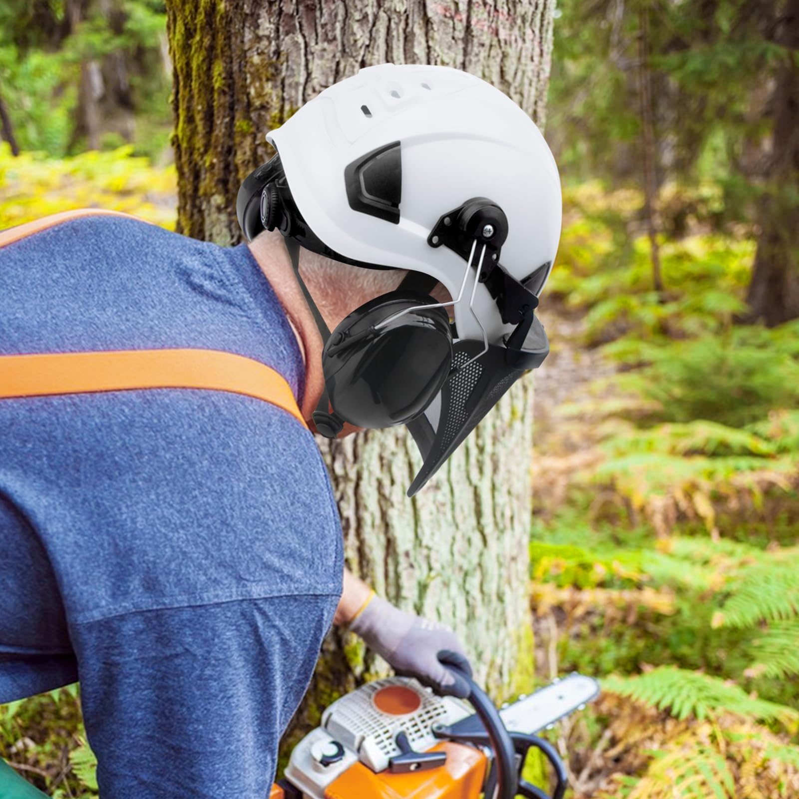 Forsthelm Helmet,Kettensägen-Sicherheitshelm,4-in-1 Kettensägen-Schutzhelm mit Gehörschutz Ohrenschützer und Gesichtsschutz Visier,Industrie Helm Schlagfeste Bequeme Belüftung Arbeitshelm -Weiß