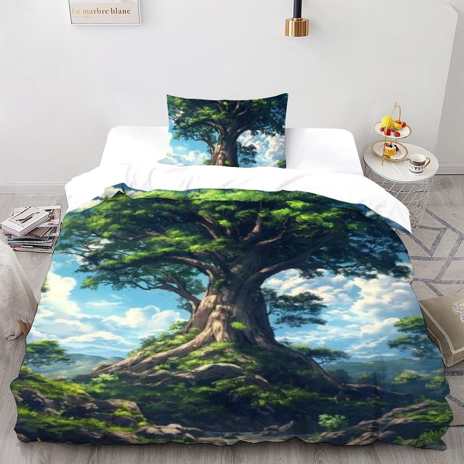 Housse de couette 135x200cm microfibre verte avec taies d'oreiller lit simple motif plantes