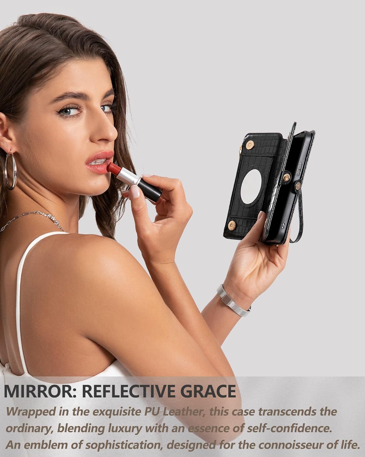 Crossbody Wallet Case for iPhone 15 Pro Max with Mirror, Wrist Strap, Zipper Purse Magnetic Flip RFID Blocking Card Holder, Wireless Charging, PU Leather Shockproof 6.7" Women (Black) - Image 7