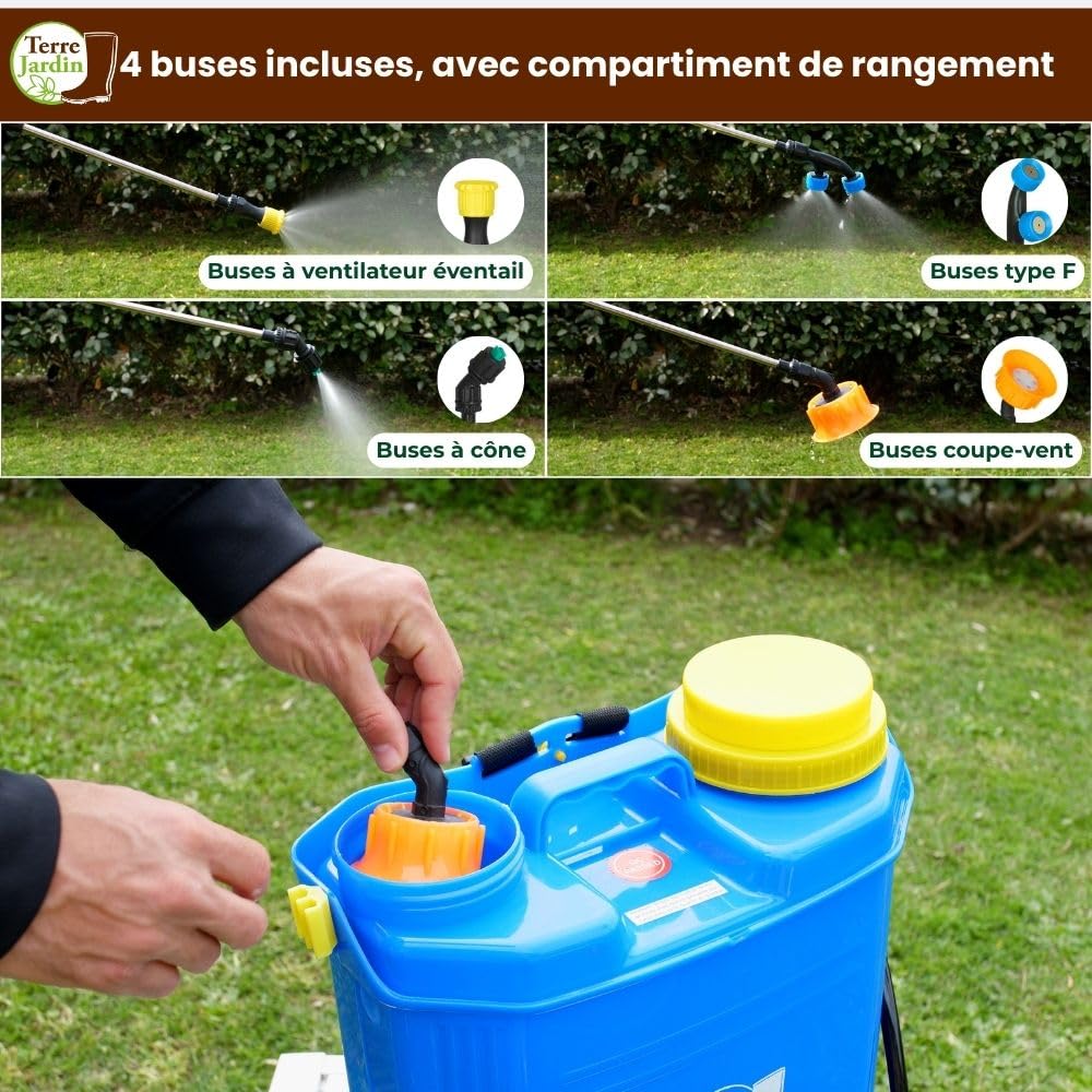 TERRE JARDIN Pulvérisateur Électrique Rechargeable 16L - Pulvérisateur de Jardin Dorsal à Batterie 12V avec Lance Télescopique et 4 Buses - Pulvérisateur pour Toiture, Plantes et Désherbage