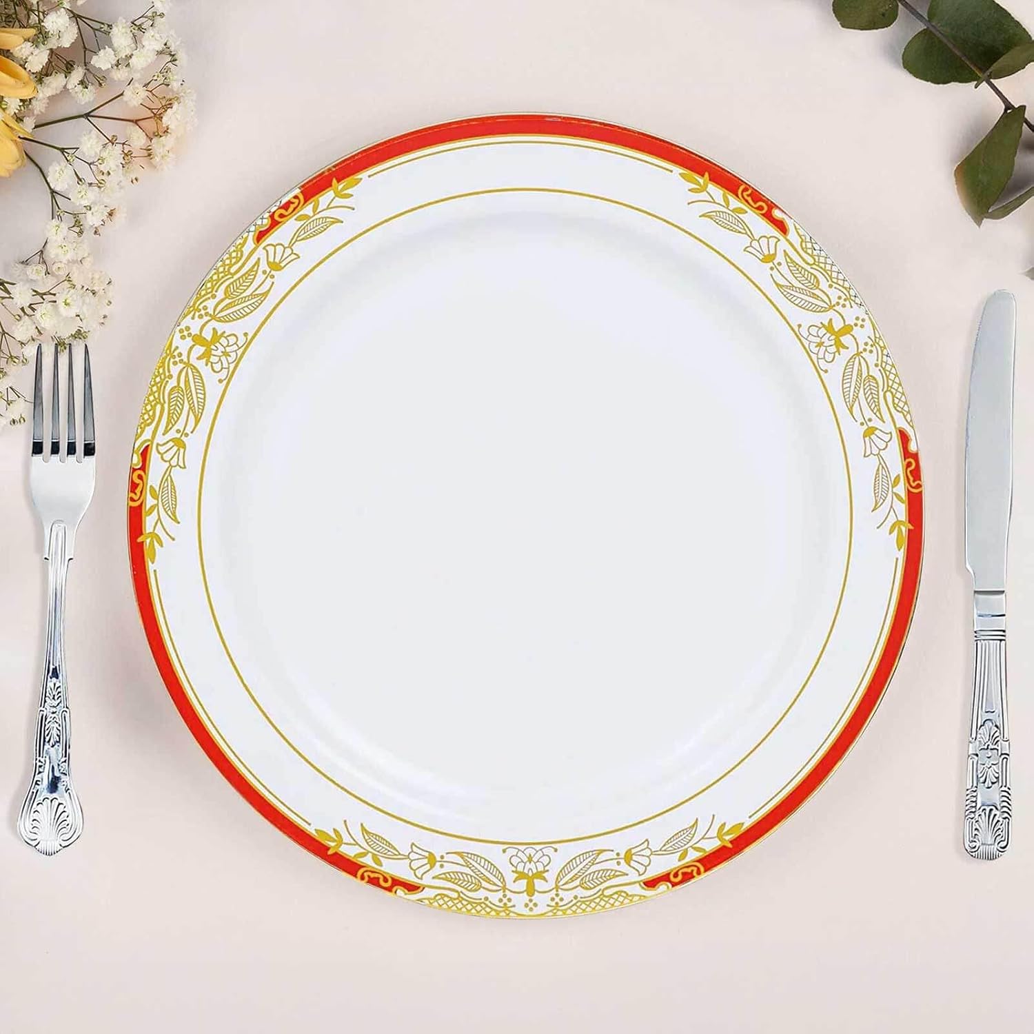 Efavormart 10 Pack 10" Large Red & Gold Rim Disposable Dinner Plates - Ornate Gold Vine Design Plastic Plates - Premium BPA-Free Heavy Duty Tableware for Banquets, Parties, Events