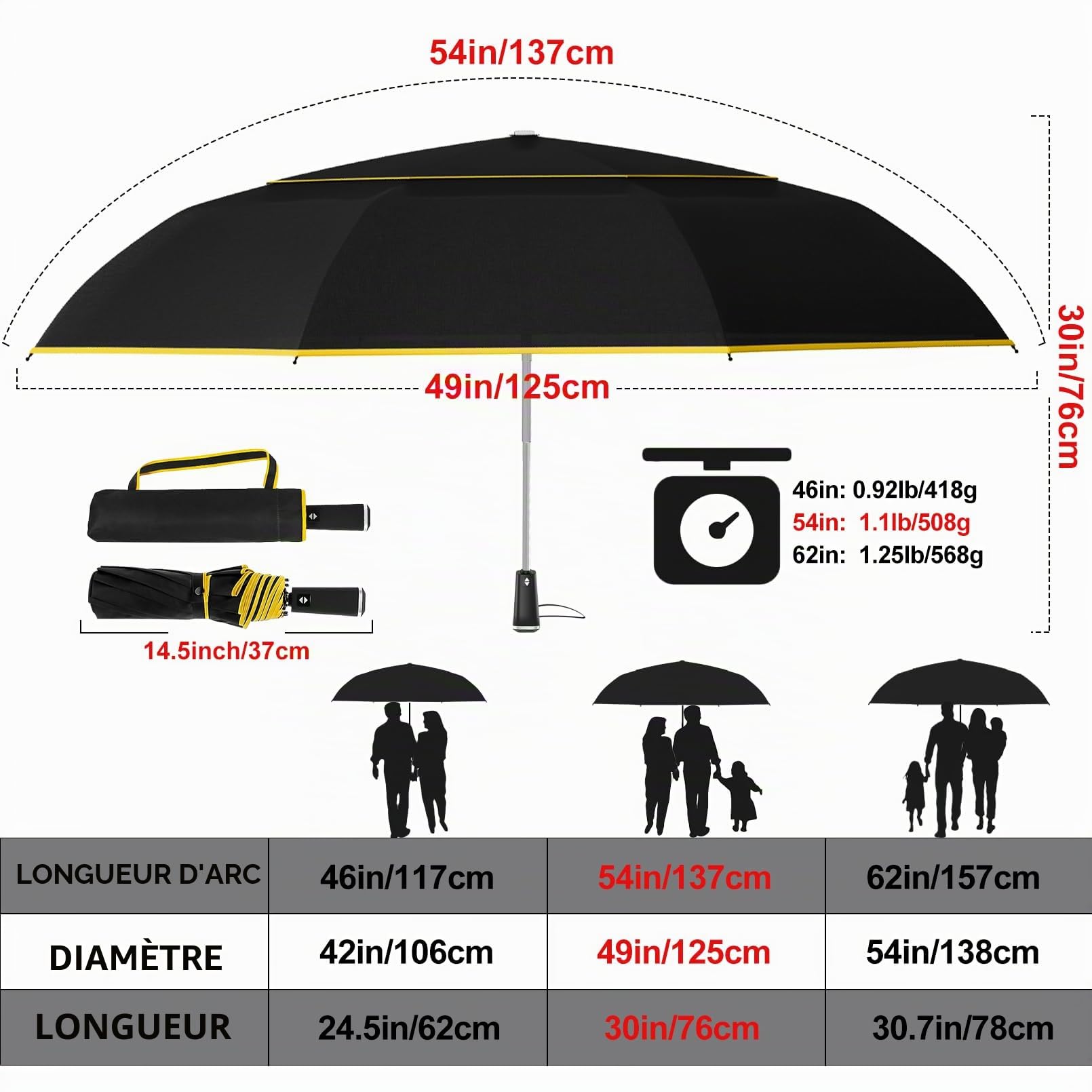 Satol Parapluie de Golf - Ouverture Automatique 10 Rayons, Double Toile, Protection UV, 54 Pouces Pliable Compact Paraplui avec Bandes Réfléchissantes, Convient à 2-4 Personnes (Noir)