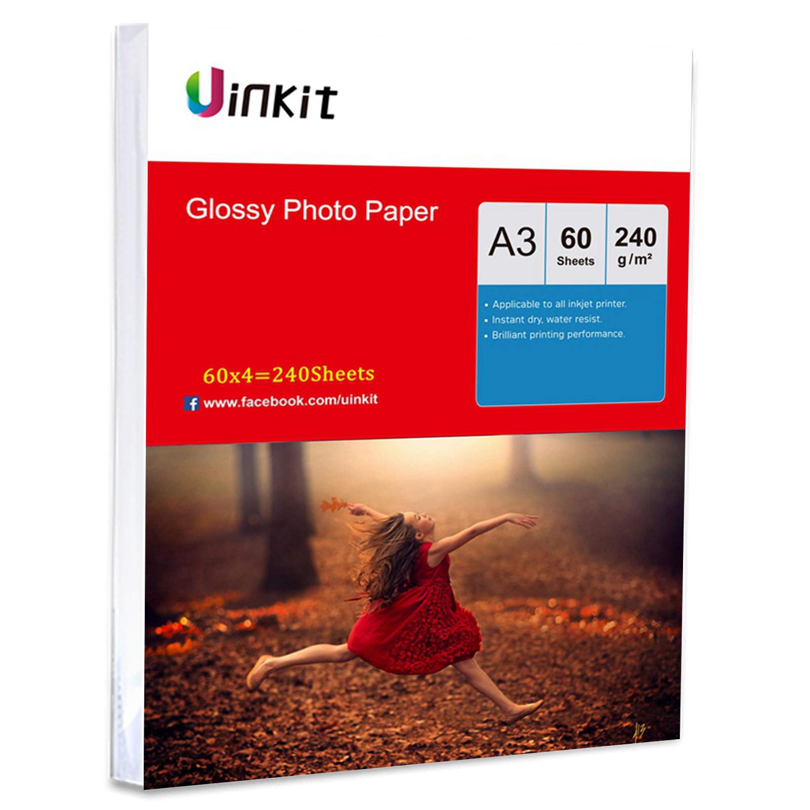 Papier fotograficzny A3 240 g/m2 wysoki błyszczący – 240 arkuszy super biały papier atramentowy do drukowania atramentowego średniej grubości Uinkit 420 x 297 mm