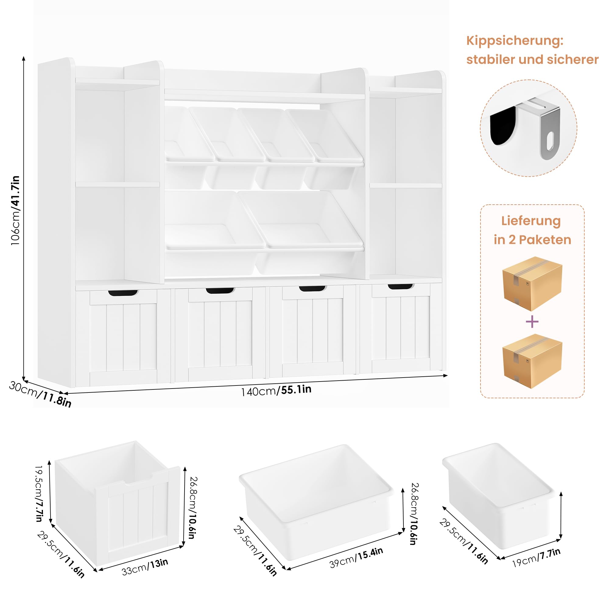FOREHILL 140cm Breit Kinderregal mit 10 Boxen, Kinderzimmer Möbel Weiß | Kinderregal mit 4 boxen auf Rollen, Kinderschrank, Spielzeug Aufbewahrung, Regal für Kinderzimmer, Kindergarten, 140x30x106cm