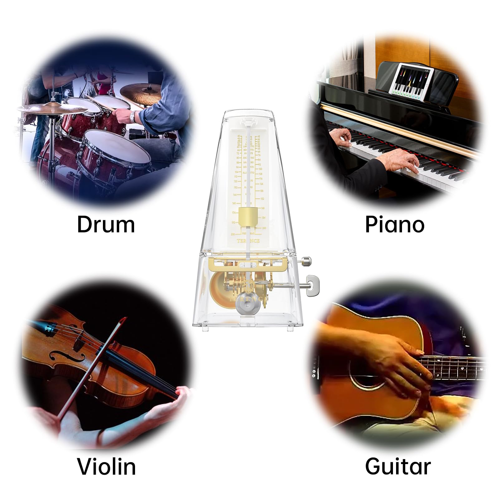 TERENCE Metrónomo Mecánico para Piano Guitarra Bass Bajo Ukulele Batería Drum Violín Metronomo Metálico con sincronización exacta y tempo transparente