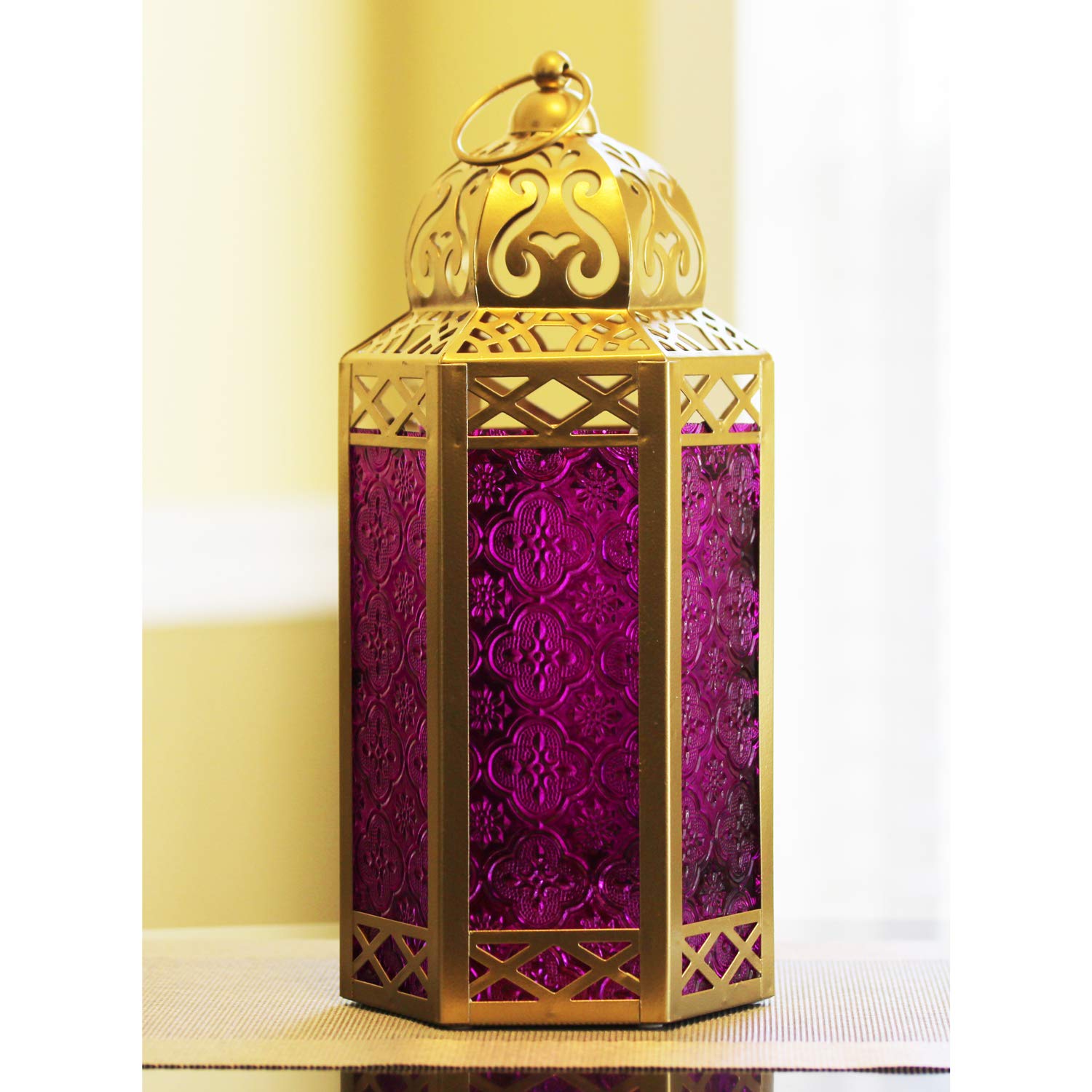 VELA LANTERNS Gold Moroccan Decorative Metal Candle Lantern Holders for Hanging or Table, Indoor Home Decor, Outdoor Patio or Porch, Ramadan, Weddings, Large, Purple Glass