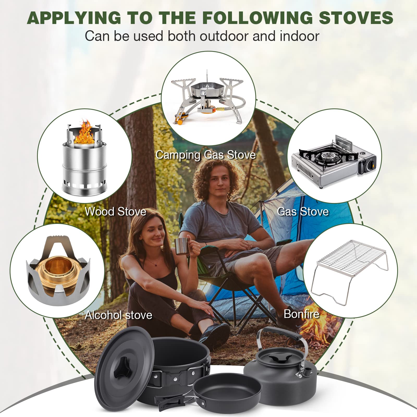 Kit de Casseroles Camping,Multi-PCS,Camping Poêlé en Aluminium Durable,Portable 2-3 Personnes Casseroles Camping Set avec Assiette Bol Ustensiles de Cuisine pour Pêche,Outdoor,Randonnée