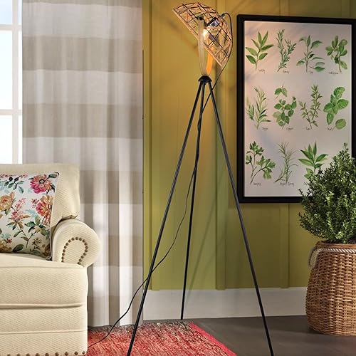 Osasy Lámpara de pie con trípode lámpara de pie única para salas de estar con pantalla tejida a mano y patas de metal negro iluminación de pie alta