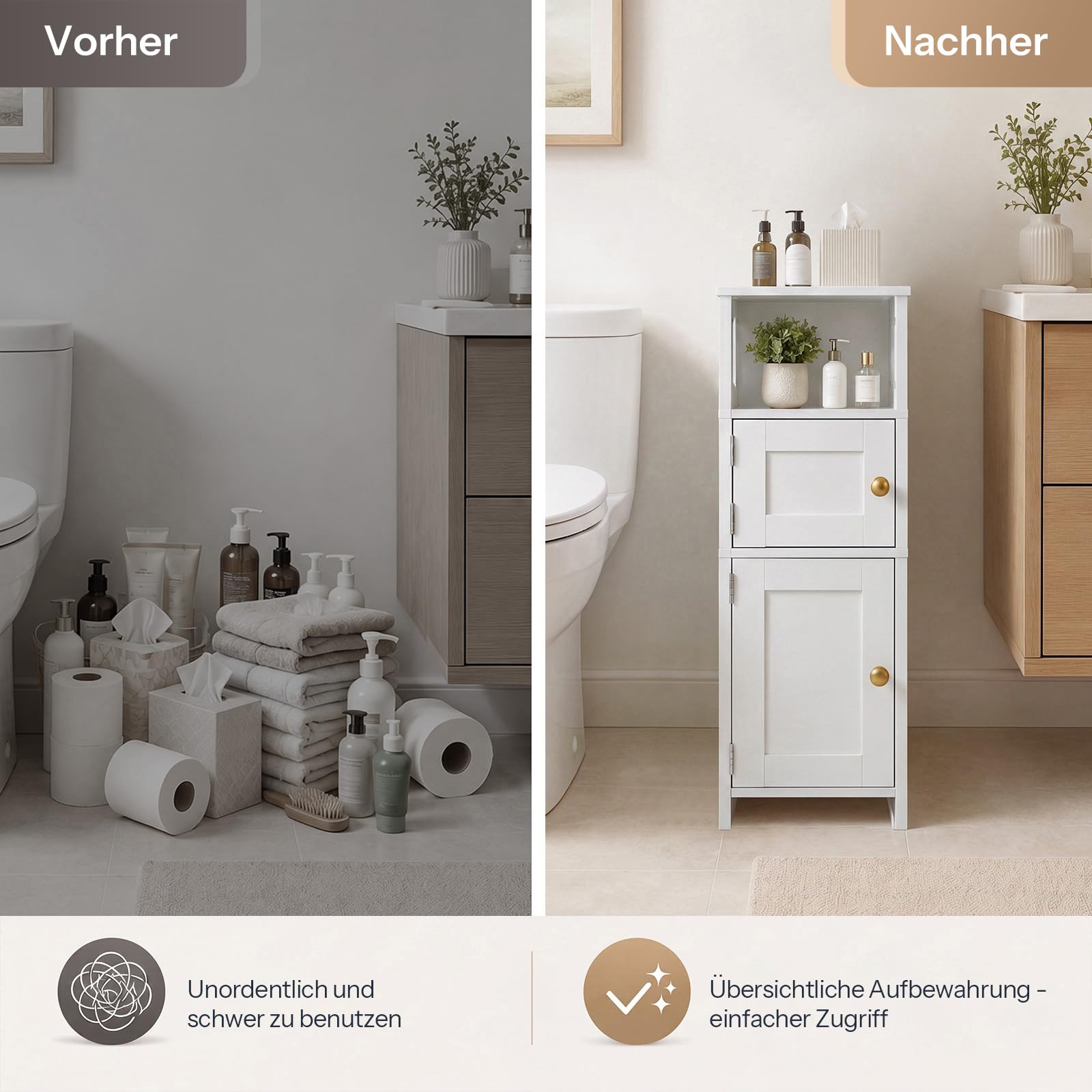 HOOBRO Schmaler Badezimmerschrank, freistehender Badschrank mit verstellbarem Einlegeboden, Hochschrank für Badezimmer, Waschküchen, einfache Montage, offener und verdeckter Stauraum, Weiß EWT42BC01