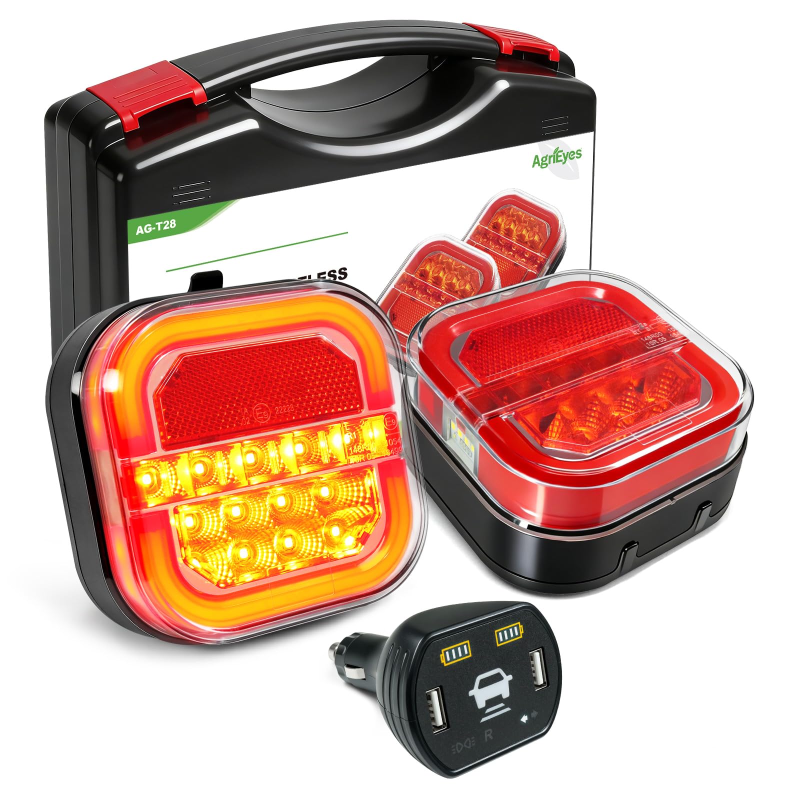 Agrieyes Wireless Trailer Lights w/Receiver, Magnetic Tow Light kit (T28C) | Real-time Monitor | 2 Mounting Options | USB-C Charge | 27H Tail Runtime | IP67 Waterproof | Towing Light for Truck, Boat,