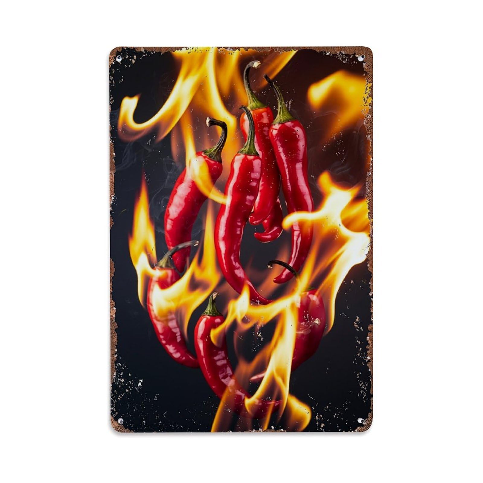 Jdfenggu Vintage Red Chilies In Flames Pattern Retro Metal Tin Sign, Decor Art Poster For Bar, Home, Man Cave, Kitchen, Laundry Room Gift 8X12inch