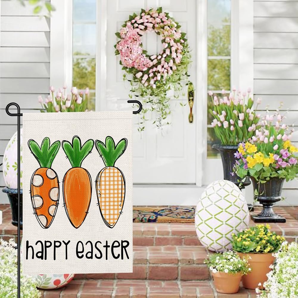 Happy Easter Garden Flag 12x18 Inch Double Sided Outside, Carrots Sign Burlap Small Flags Yard Outdoor Decoration DF694 - Image 2