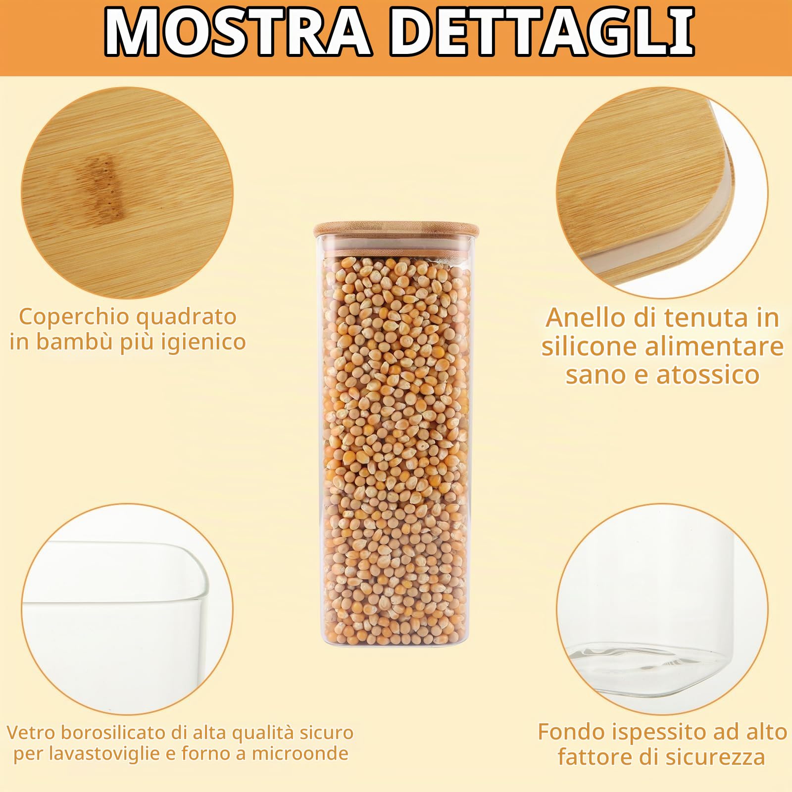 4 barattoli con coperchio, 2 l, in vetro con coperchio, ermetici, rettangolari con coperchio in legno, etichette e penna per pasta Cornflakes Spaghetti chicchi di caffè