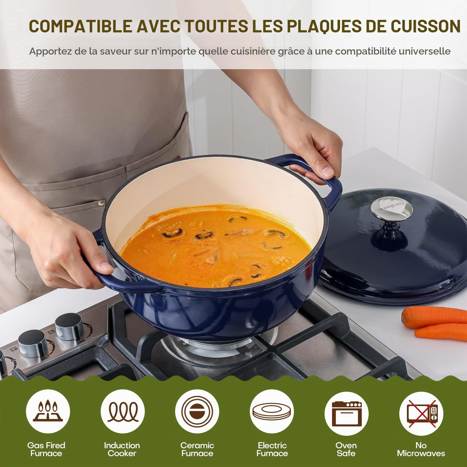 Kordisen 28 cm/5.7 L Cocotte en Fonte Emaillée avec Couvercle, Pour la Cuisson du Pain au Levain, Compatible avec le four Jusqu'à 260 °C, Robuste et Grande Taille, Bleue