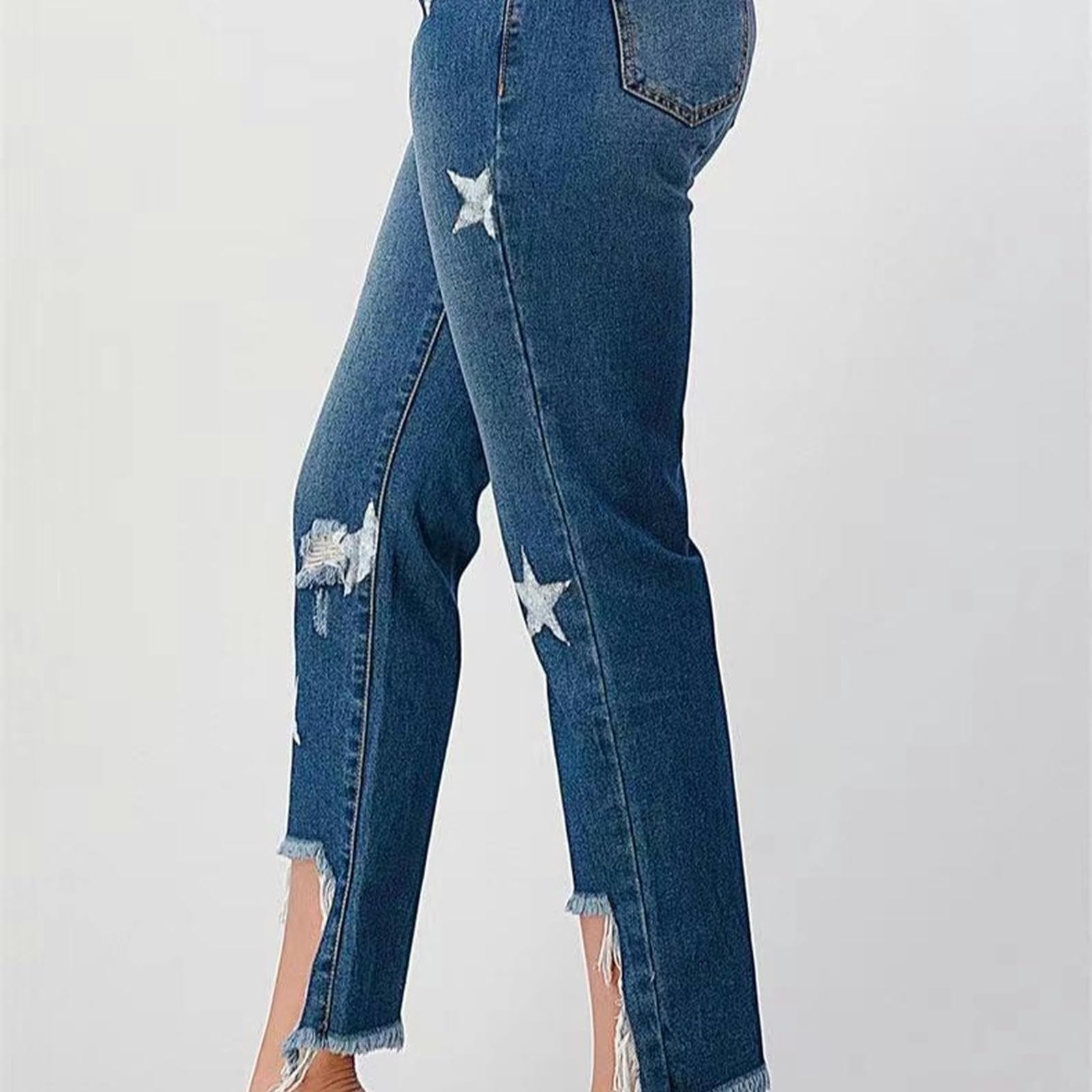 Jeans a Vita Alta con Stampa Stelle da donna-Blu-2XL