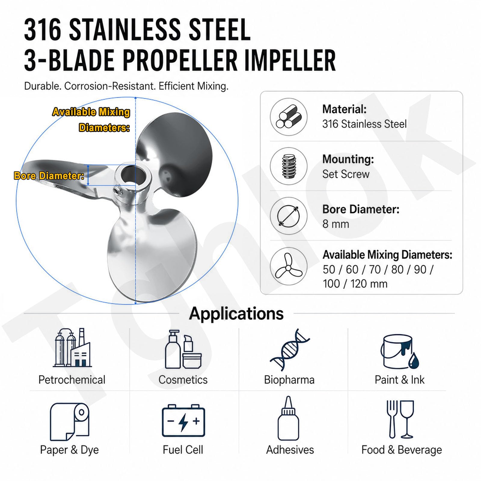 Hélice Mezcladora De 3 Palas De Acero Inoxidable 316, Orificio De 8 Mm, para Agitador De Laboratorio 8 mm 120