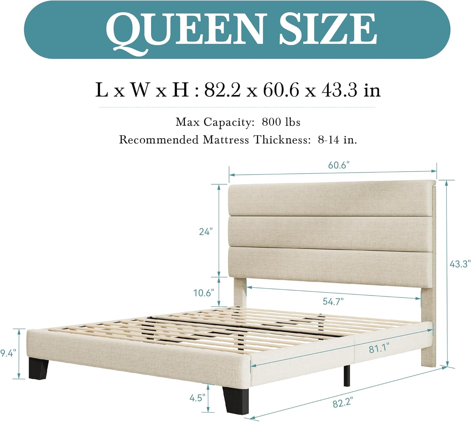 HOOMIC Queen Size Bed Frame with Headboard, Fabric Upholstered Platform Bed with Strong Wood Slats Support, Mattress Foundation, No Box Spring Needed, Beige