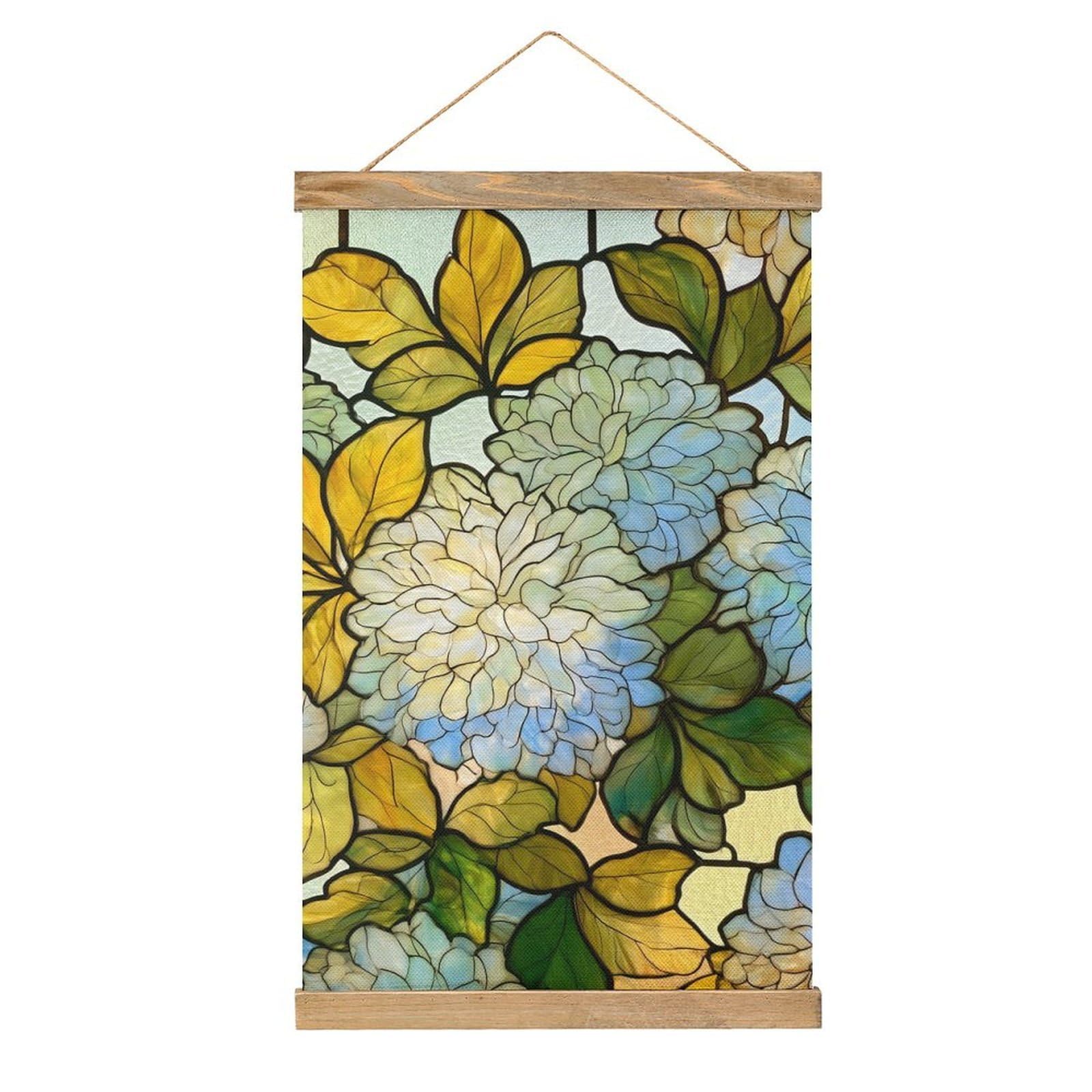Jubonexis Stained Glass Pale Blue Chrysanthemum Flowers Canvas Painting Wood Frames Poster Hanger Hanging Picture Kit Wall Art