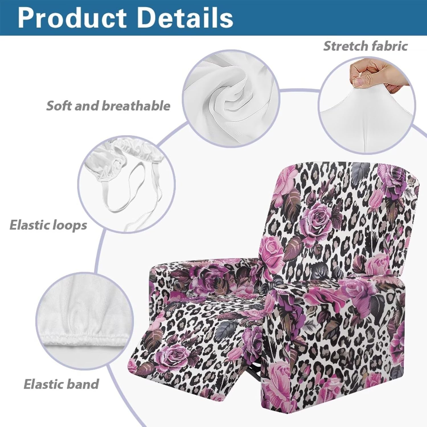 Rose Leopard Print Recliner Sofa Slipcovers Skin Friendly Stretchy Couch Covers for Reclining Chair with Side Pockets Dust-Proof Washable