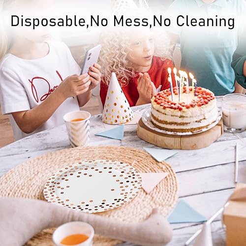 Miniatura 3 de 100 platos de papel desechables, platos de papel de oro blanco y rosa, platos de papel de fiesta de lunares de aluminio, platos llanos de 50 x 9 y