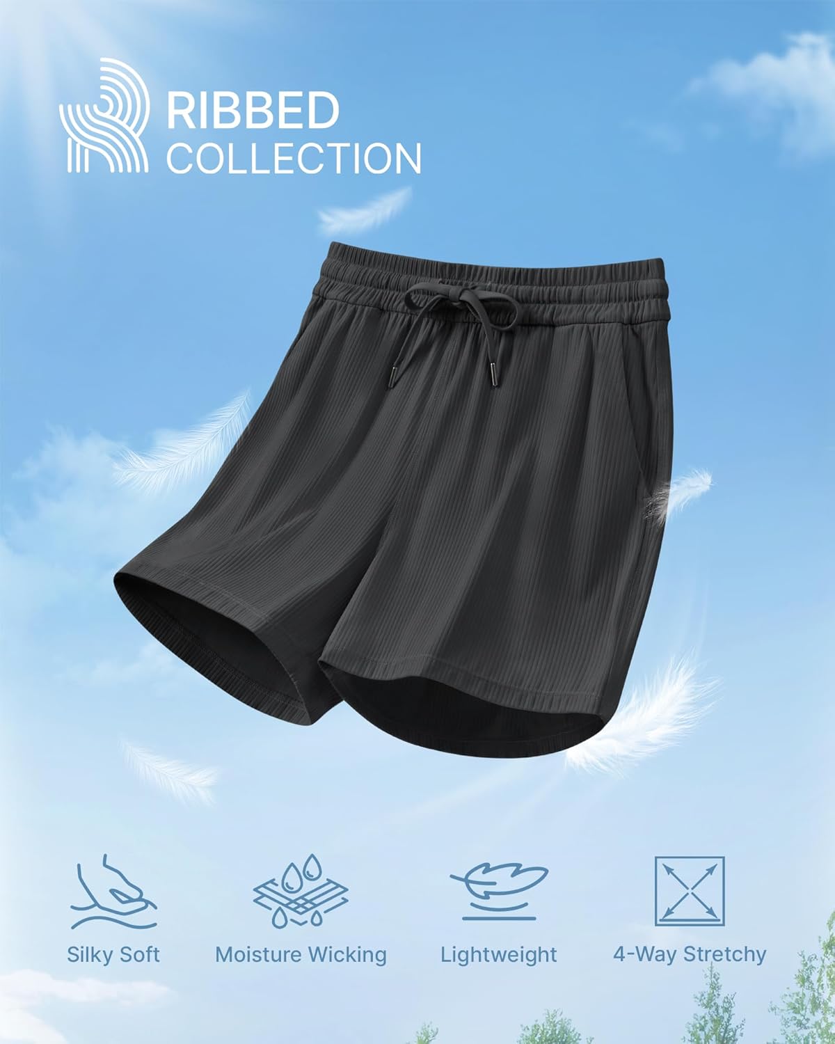 G4Free Ribbed Womens Athletic Shorts High Waisted Drawstring Gym Running Shorts with Pockets - Image 3