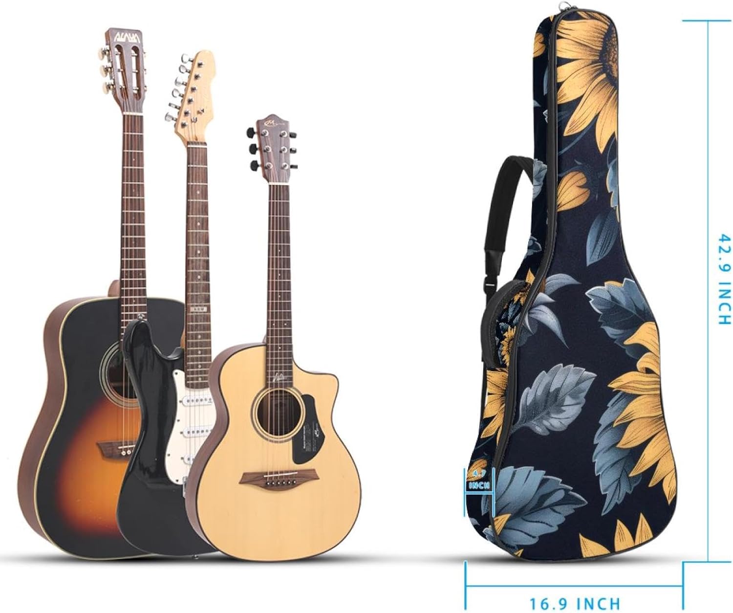 Acoustic Guitar Bag 0.4 Inch Thick Padding Waterproof Guitar Case Gig Bag for 40 41 42 Inch Electric Bass Classical Guitar, Sunflowers Navy Background