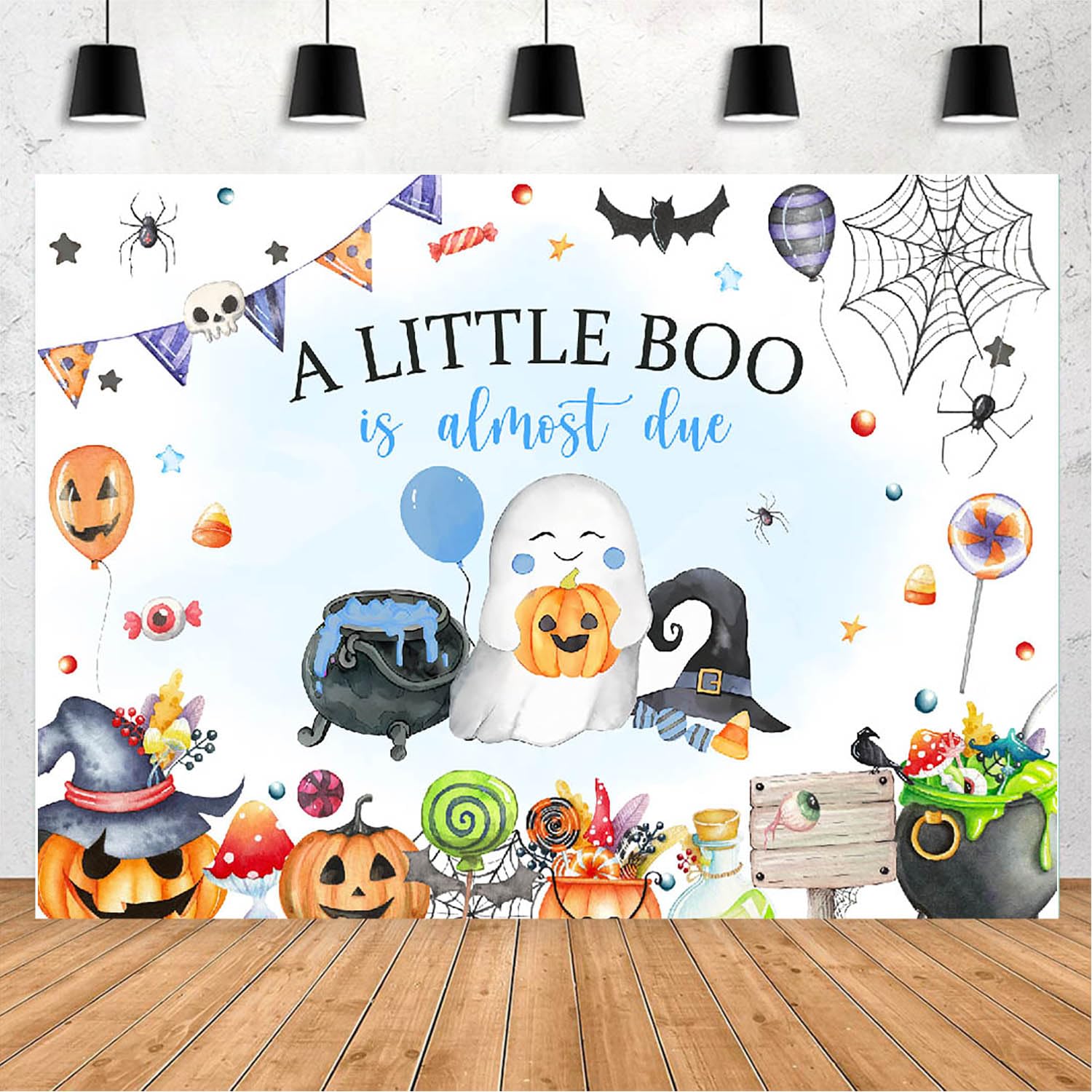 MAYSSKQ Blue A Little Boo Baby Shower Backdrop Boy Halloween Pumpkin Baby Shower Background Ghost Halloween Baby Shower Banners Party Decorations (