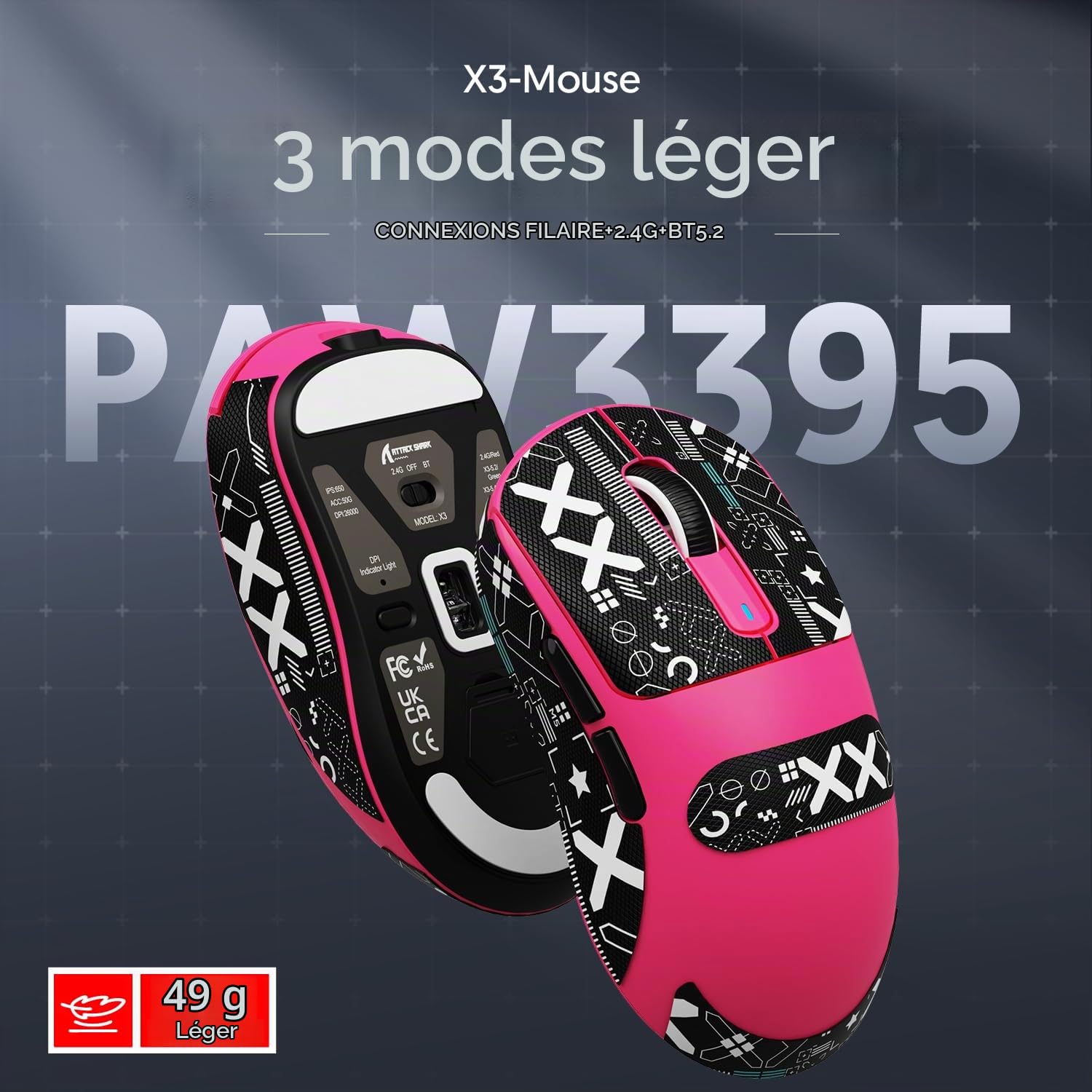 ATTACK SHARK X3 49g Superlight Mouse with Tape, PixArt PAW3395 Gaming Sensor, BT/2.4G Wireless/Wired Gaming Mouse, 6 Adjustable DPI 26000, 200 Hrs Battery, Office Mice for Win11/Xbox/PS/Mac