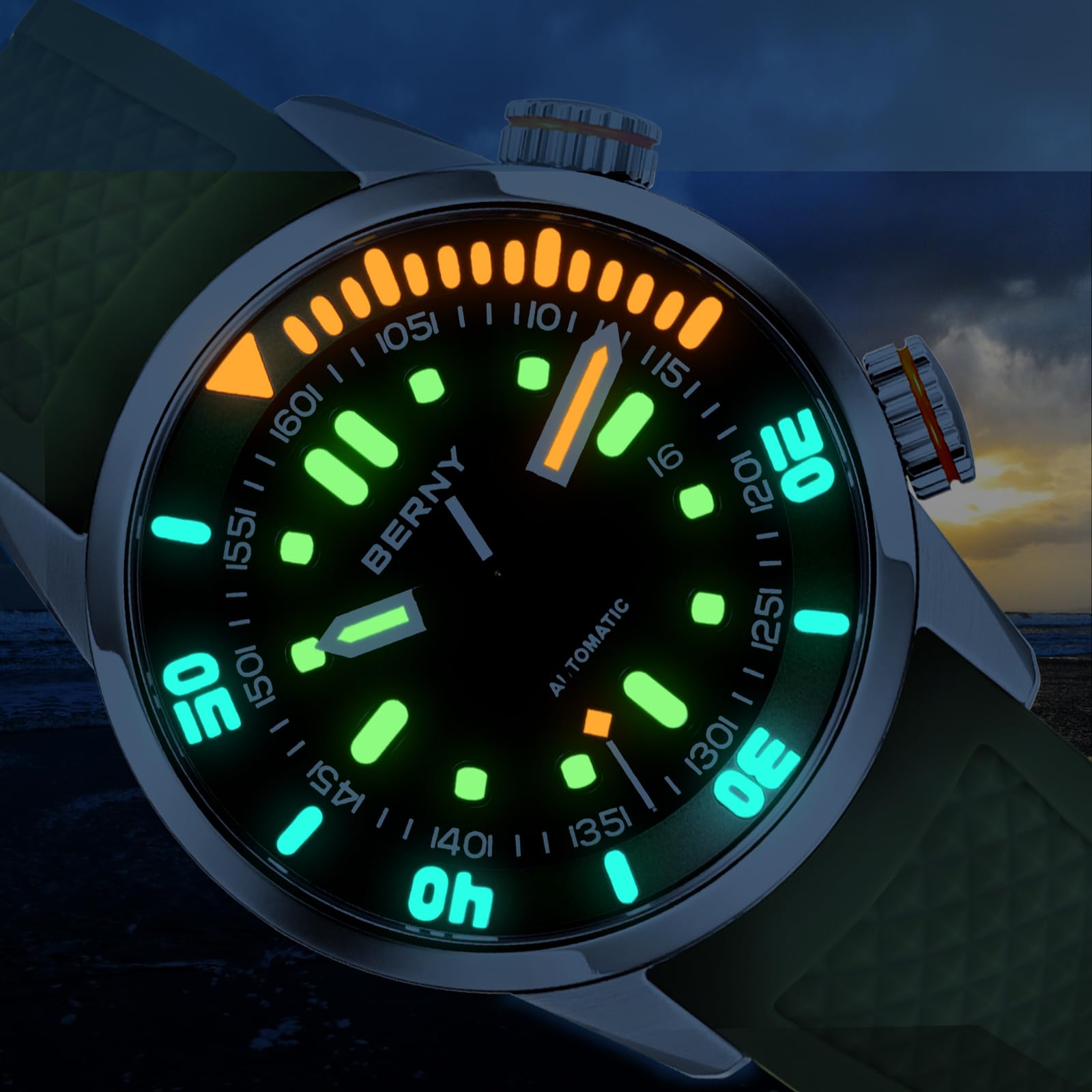 BERNY Orologio da uomo 20ATM Orologio subacqueo Movimento automatico Orologio da polso HV600 Durezza Vetro zaffiro Confortevole Cinturino in Silicone Orologi Super Luminosi Uomo
