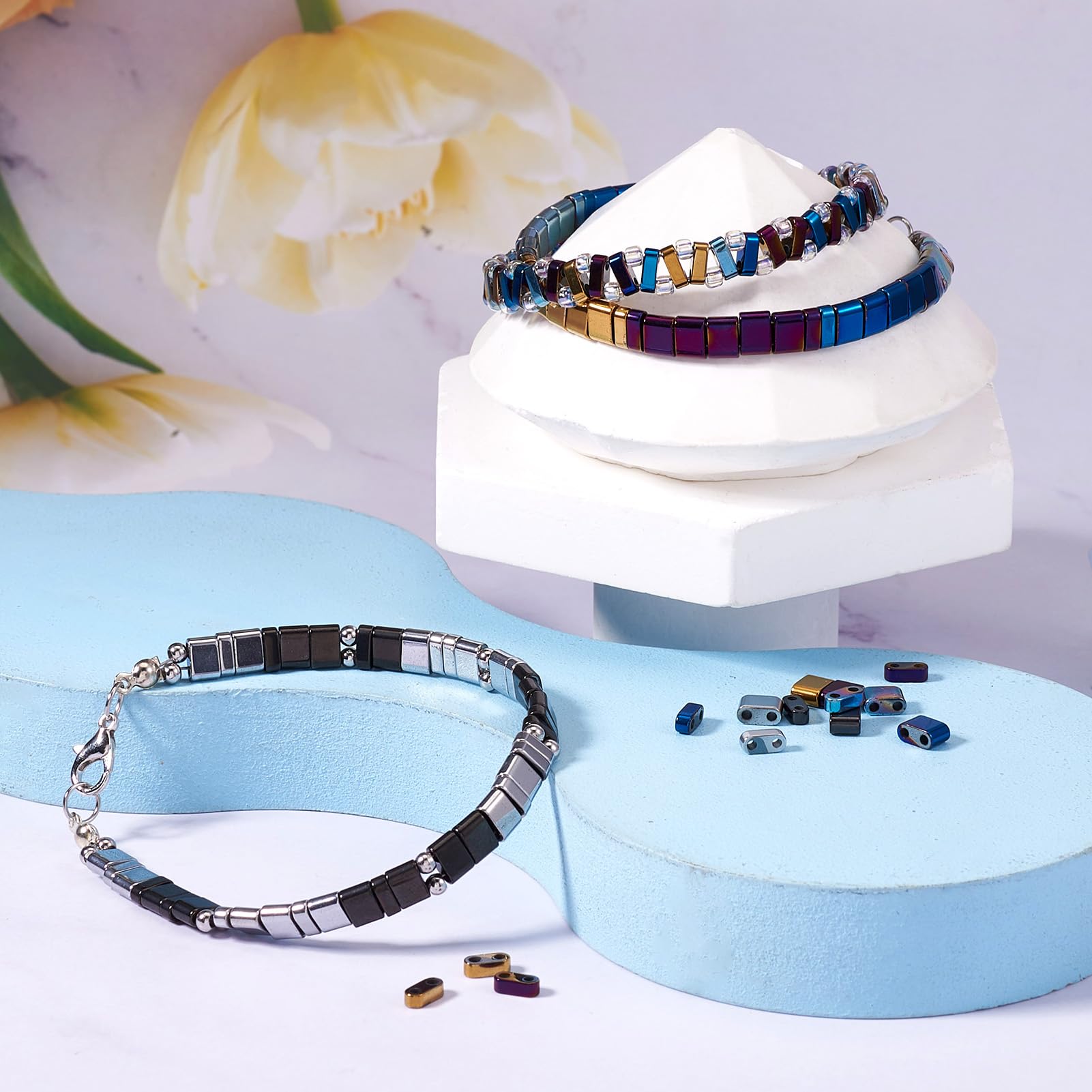 Pandahall Hämatit-Tila-Perlen, Regenbogenfarben, 2-Loch, Für Schmuckbasteln – Armbänder, Halsketten, Ohrringe