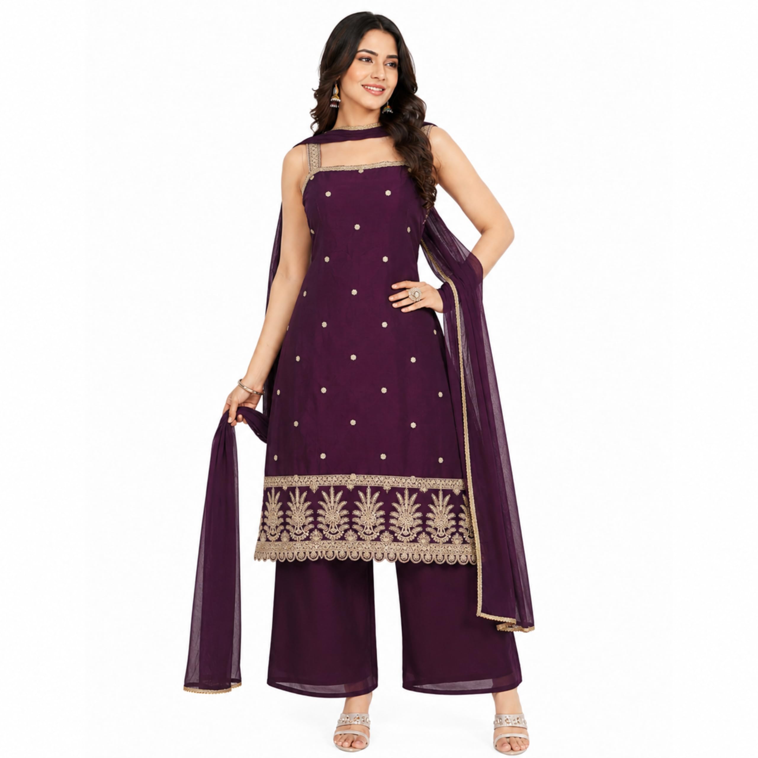 Women's Wine Purple Vichitra Silk Embroidered Sleeveless Kurta Set with Straight Broad Bottom Pants & Nazneen Chiffon Dupatta | Square Neck | Festive & Ethnic Suit Set-image-9