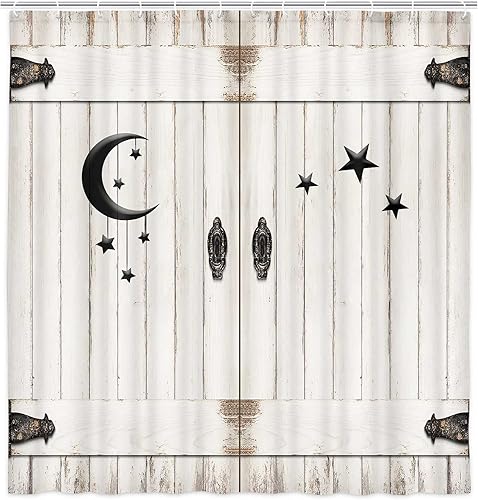 Miniatura 10 de JAWO Cortina de ducha con puerta de granero, de madera rústica, de madera blanca, Islam, luna creciente y estrella, cortina de ducha moderna de