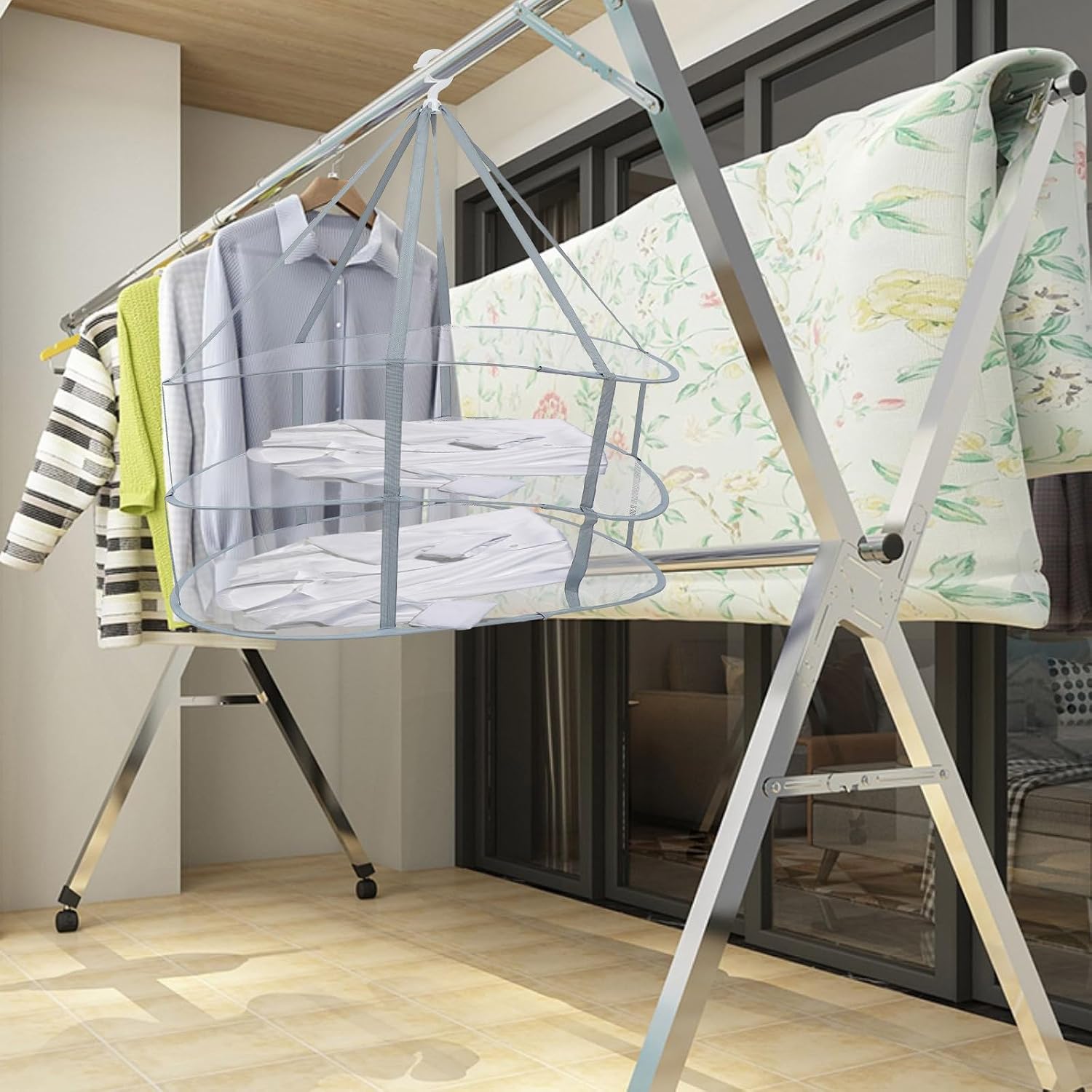 UPKOCH Foldable Hanging Clothes Drying Rack Net for Apartment Balcony